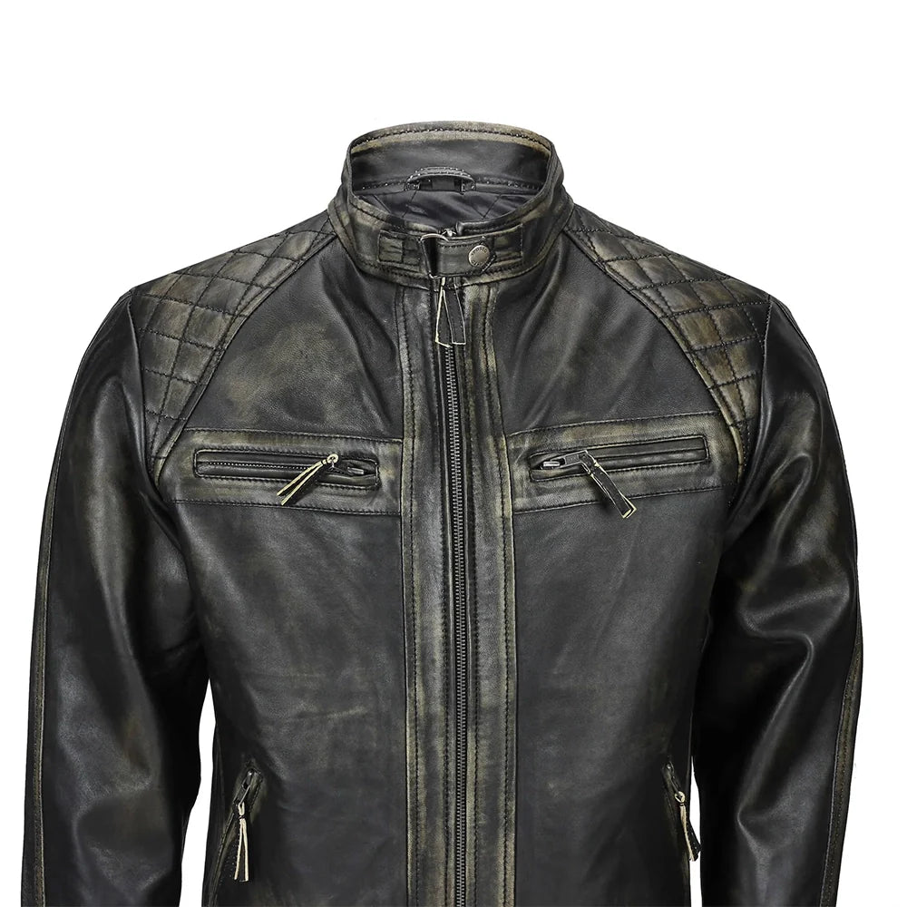 Mens Distressed Biker Leather Jacket