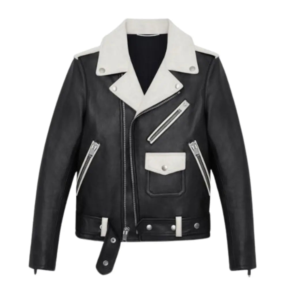 Men White Leather Biker Jacket