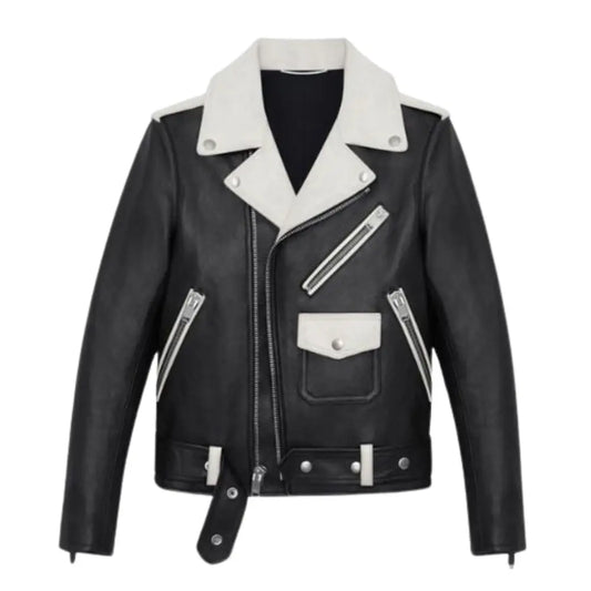 Men White Leather Biker Jacket