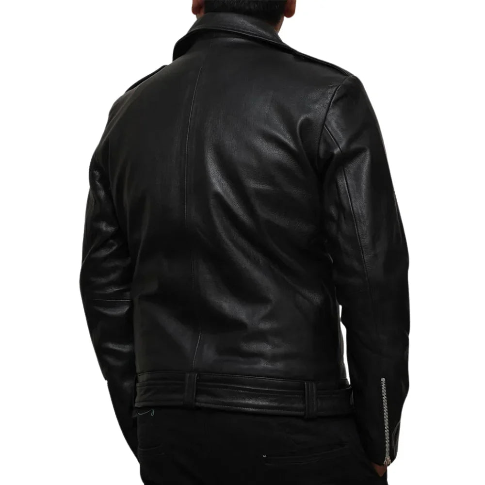 Men's Black Belted Asymmetrical Leather Jacket