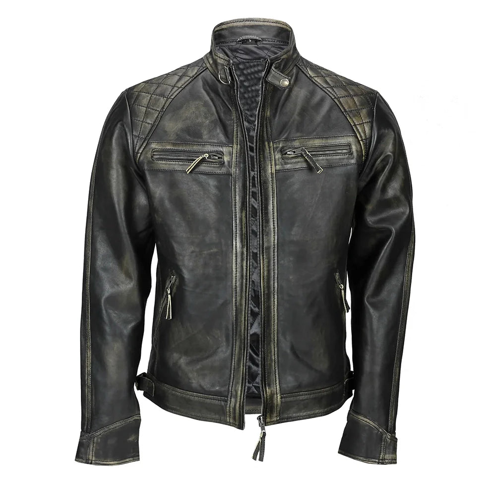 Mens Distressed Biker Leather Jacket