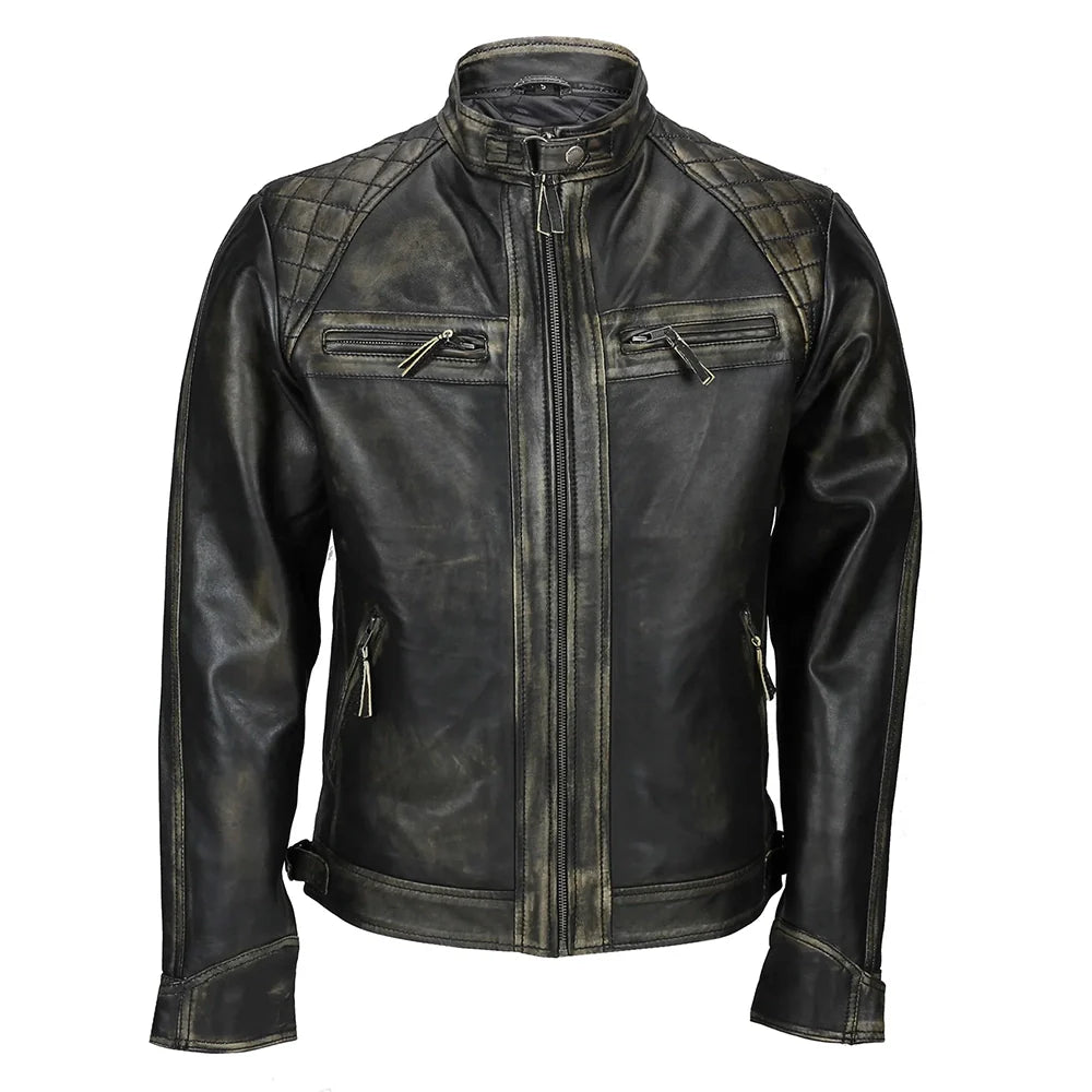 Mens Distressed Biker Leather Jacket