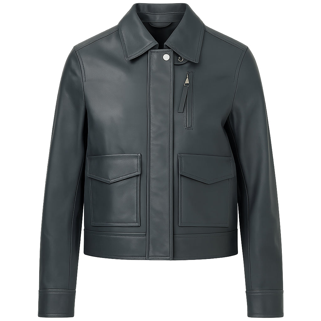 Michelle-Morgan-Heartland-S19-Lou-Fleming-Grey-Leather-Jacket