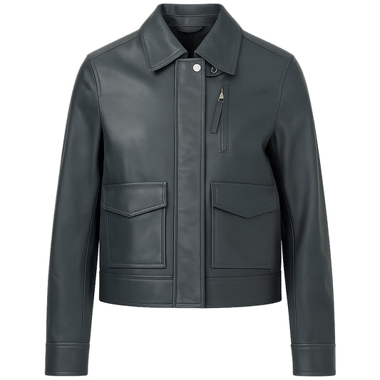 Michelle-Morgan-Heartland-S19-Lou-Fleming-Grey-Leather-Jacket