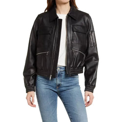 WomensBlackBomberLeatherJacket