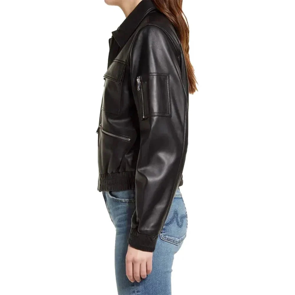 WomensBomberLeatherJacketBlack