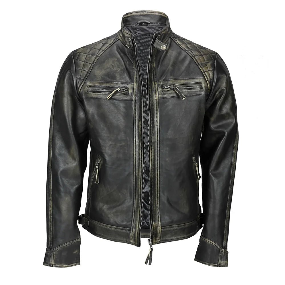 MensDistressedBlackBikerLeatherJacket